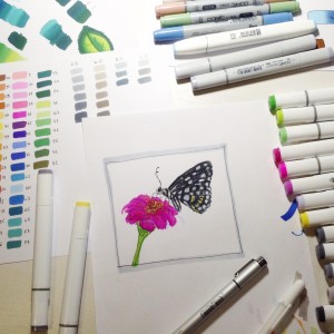 Бабочка на цветке маркерами набросок