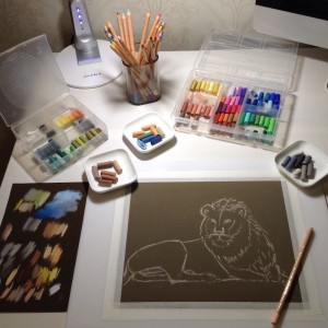 рисование пастелью льва, процесс