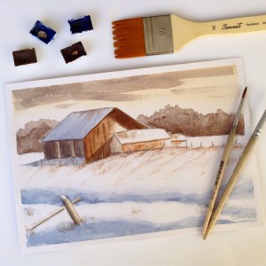 Зимний пейзаж с домом акварелью